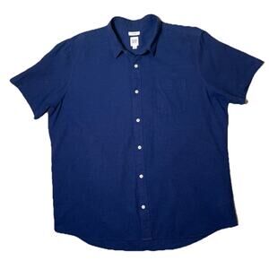 GAP‎ Men’s Shirt XL Standard Fit Navy Blue Linen Cotton Blend Short Sleeve